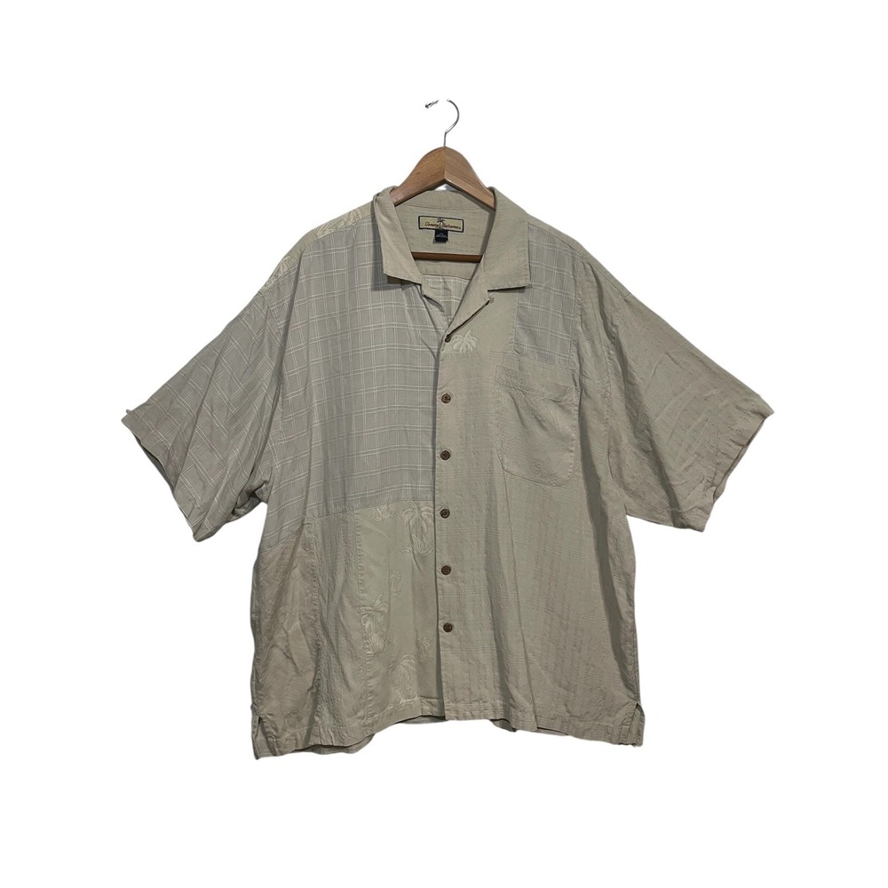 Tommy Bahama Shirt Mens 2XL Beige‎ Palm Silk Short Sleeve Button Up Hawaiian
